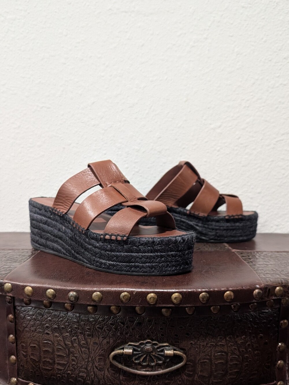 Vince Mahogany Leather Espadrille Platform Wedge Slide Sandals - Size 9M